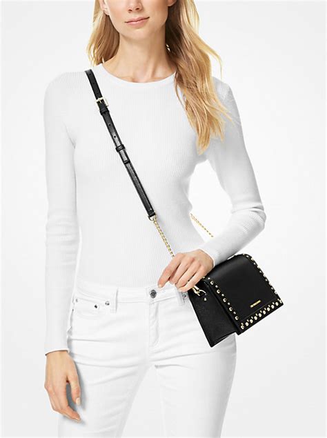 Jet Set Large Studded Pebbled Leather Crossbody Bag 